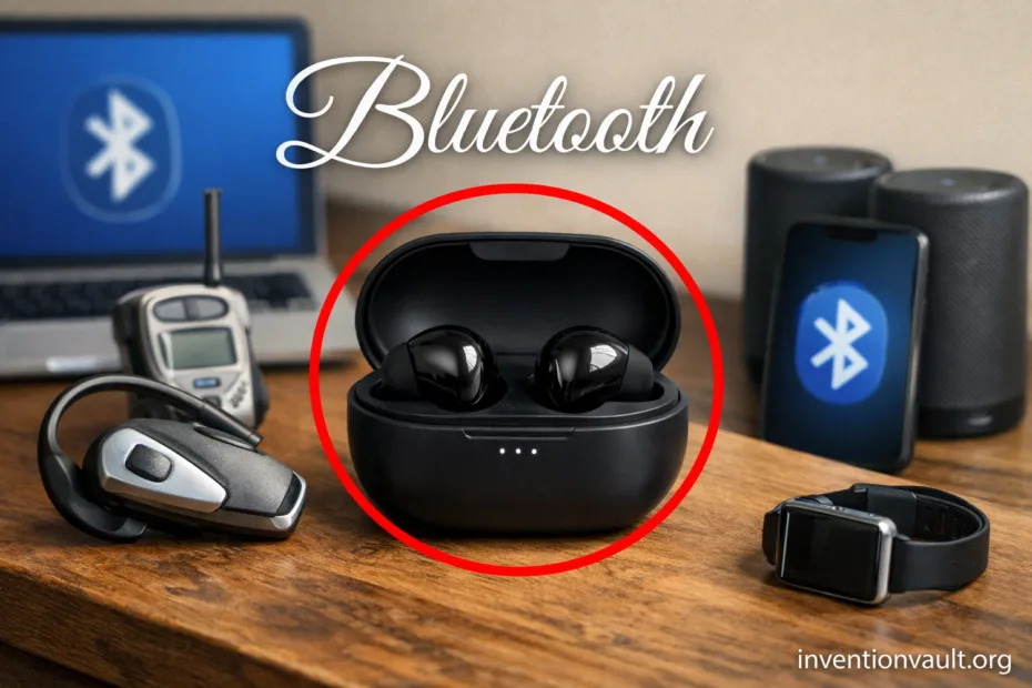 A pair of wireless earbuds connected via Bluetooth with a smartphone and a portable speaker nearby.