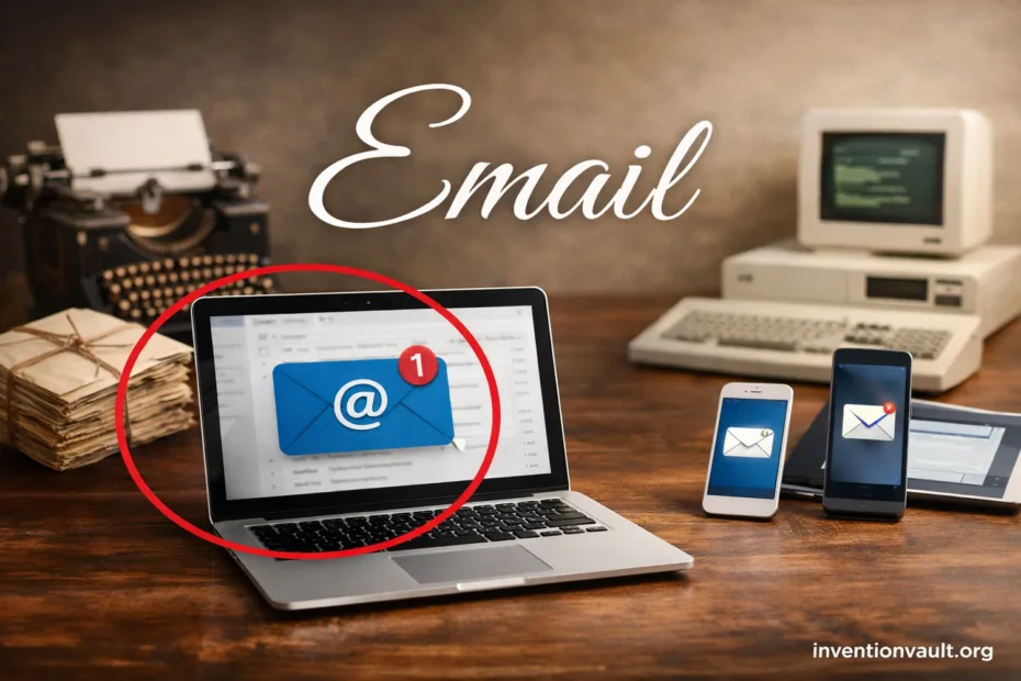 A laptop showing an email invention on the screen with a red circle around the '@' symbol.