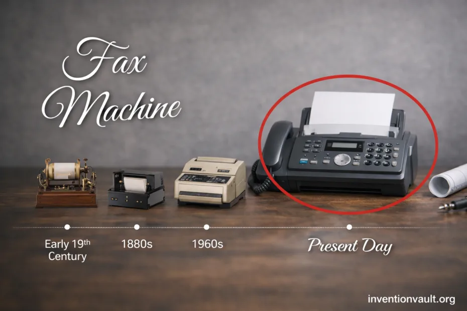 A fax machine transferring documents over telephone lines, illustrating invention use.