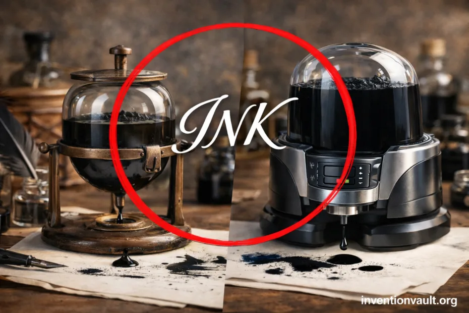 A vintage ink invention scene with ink bottles and an old pen on a wooden table.