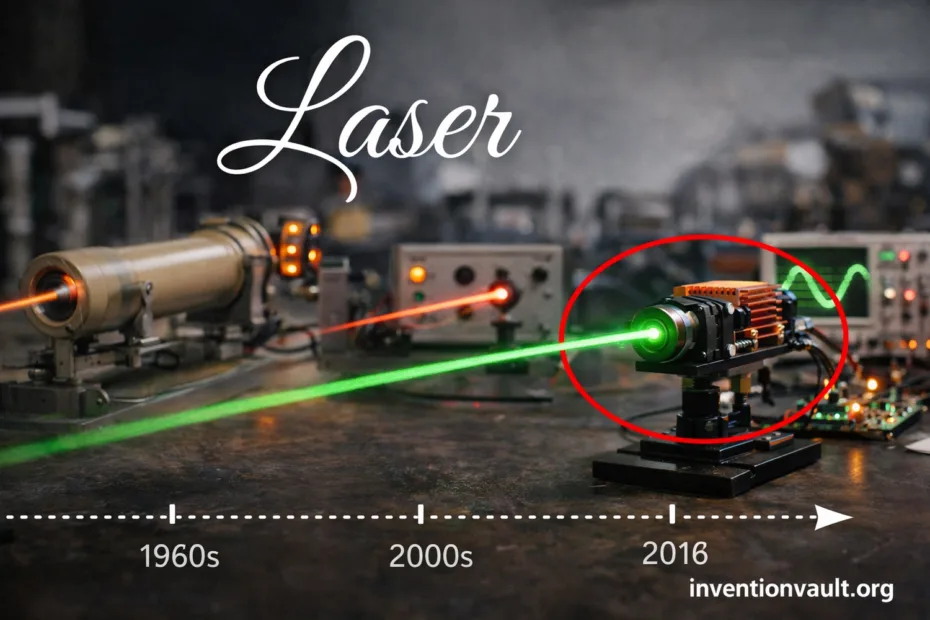A green laser beam is projected from a device during an invention demonstration.