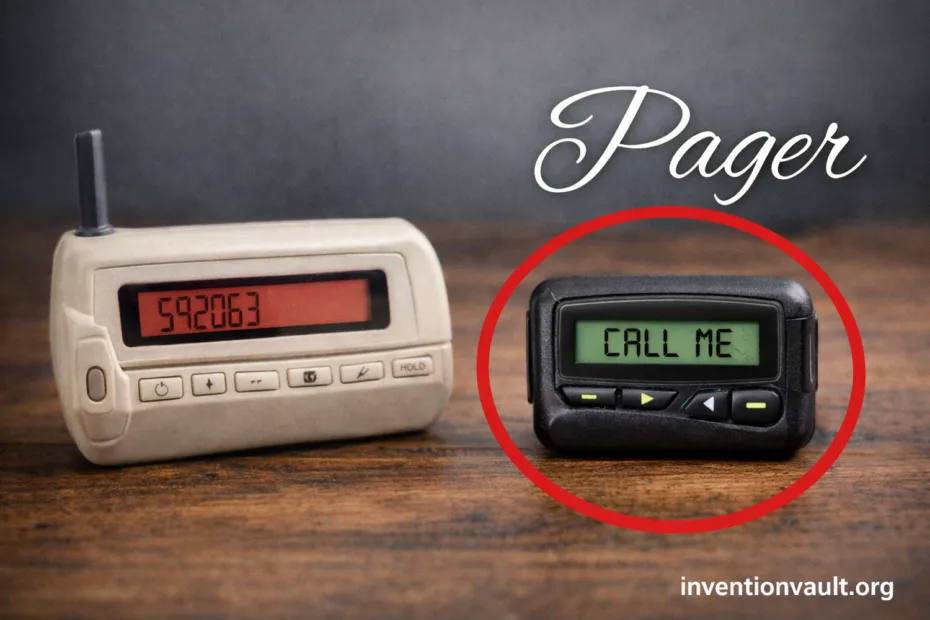 A pager with a green screen displaying 'CALL ME' and a white device showing a short message.