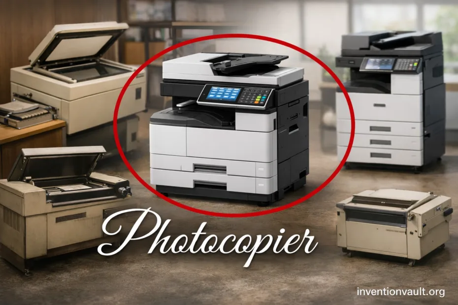 A photocopier producing fast document duplicates with a sleek digital control panel.
