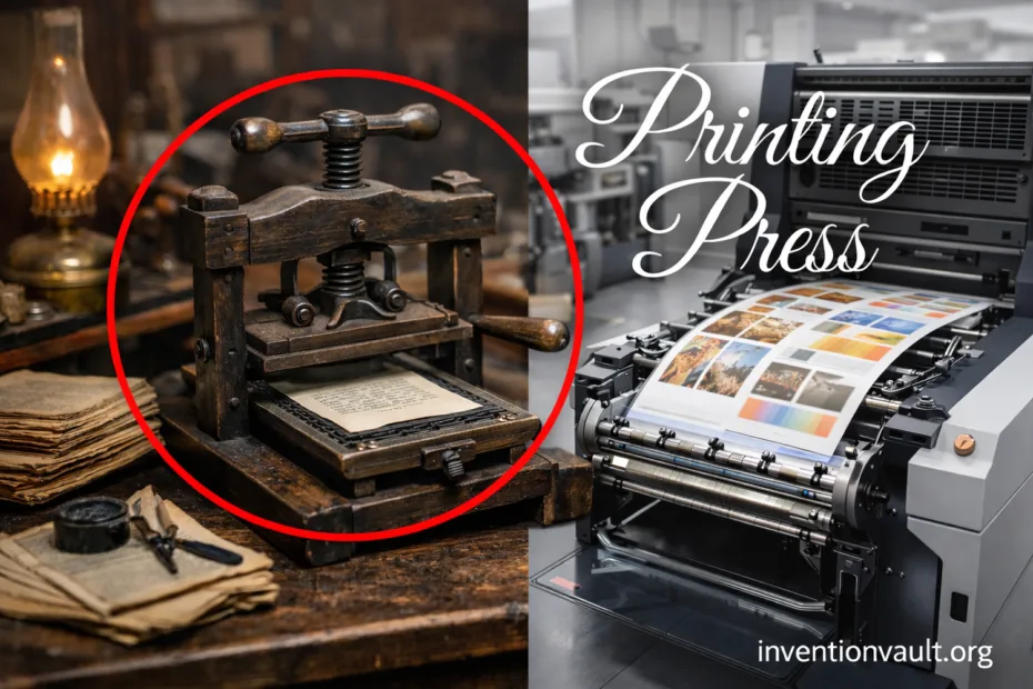 A printing press where the invention revolutionized knowledge dissemination with printed pages.