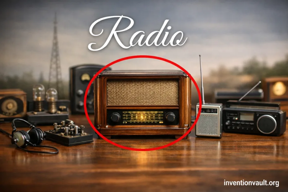 A vintage radio with a wooden finish, symbolizing the invention of wireless audio broadcasting.