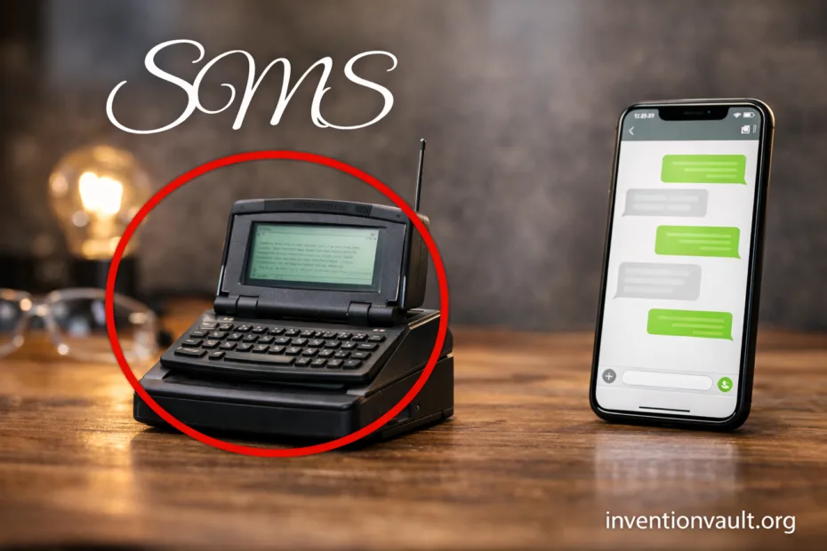 A mobile phone showing an invention of an SMS text messaging app on its screen.