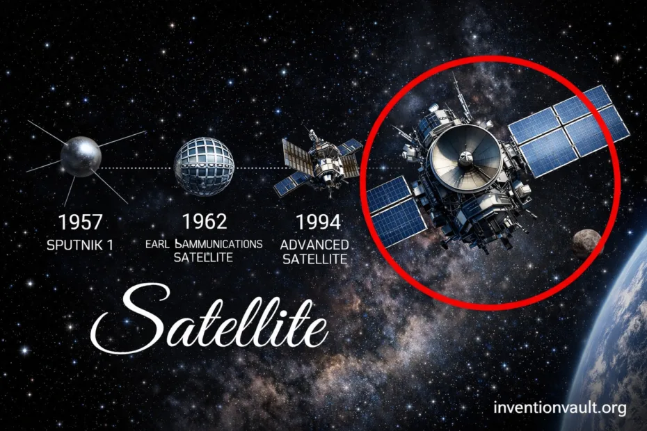 A satellite launched into orbit using invention technology, with Earth and stars in the background.