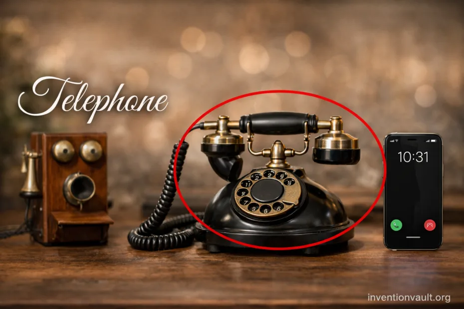 A vintage telephone with a rotary dial, showcasing an invention for voice communication at a distanc…