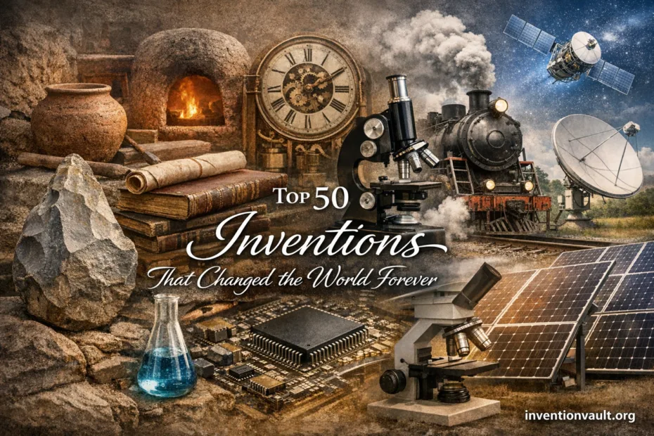 A vintage invention shelf with an old clock, a telescope, and a leather-bound book.