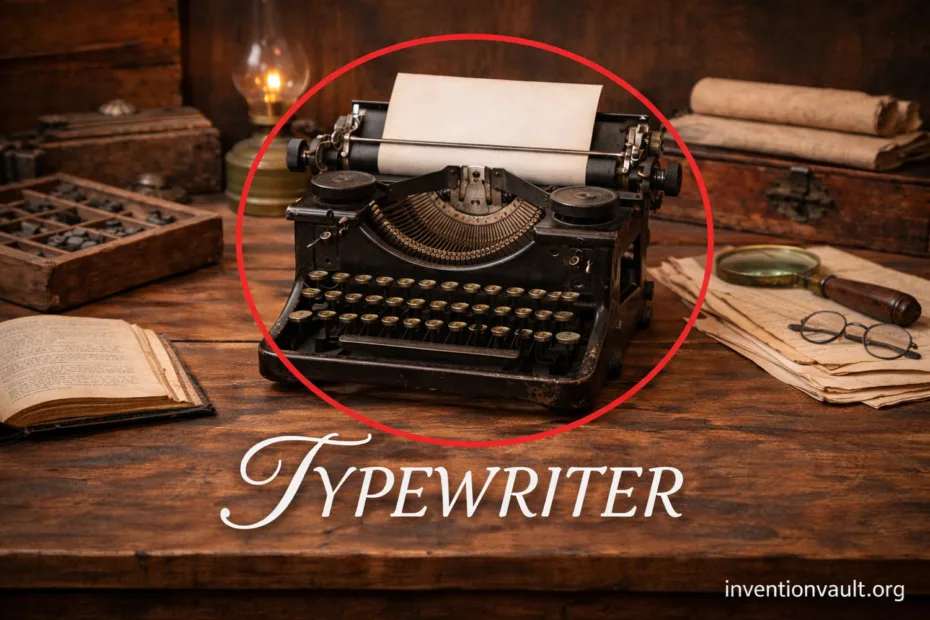 A vintage typewriter with a sheet of paper, illustrating the invention of the typewriter for written…