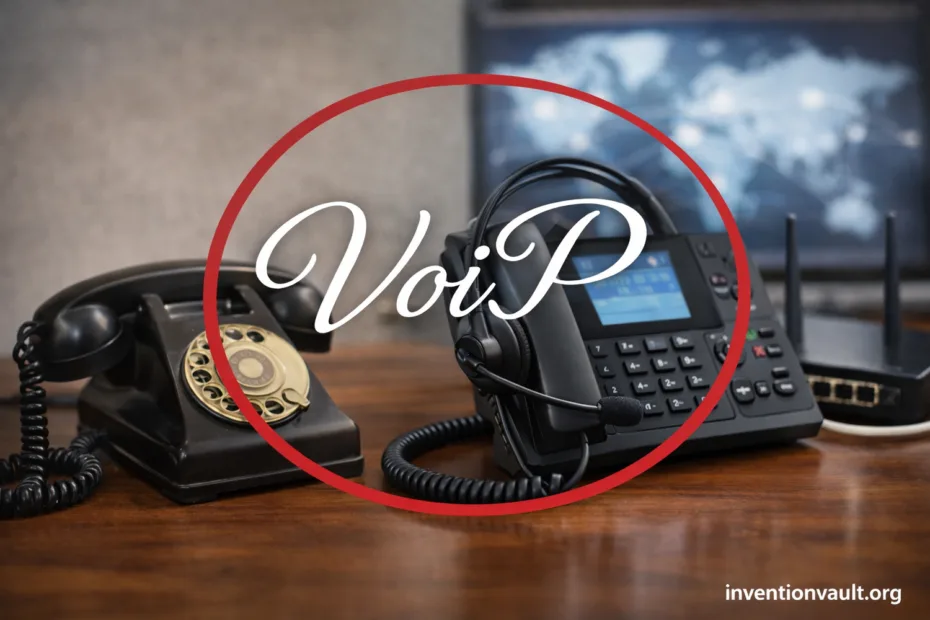 A desk with a cordless phone and a laptop showing a VoIP invention for voice calls over the internet…