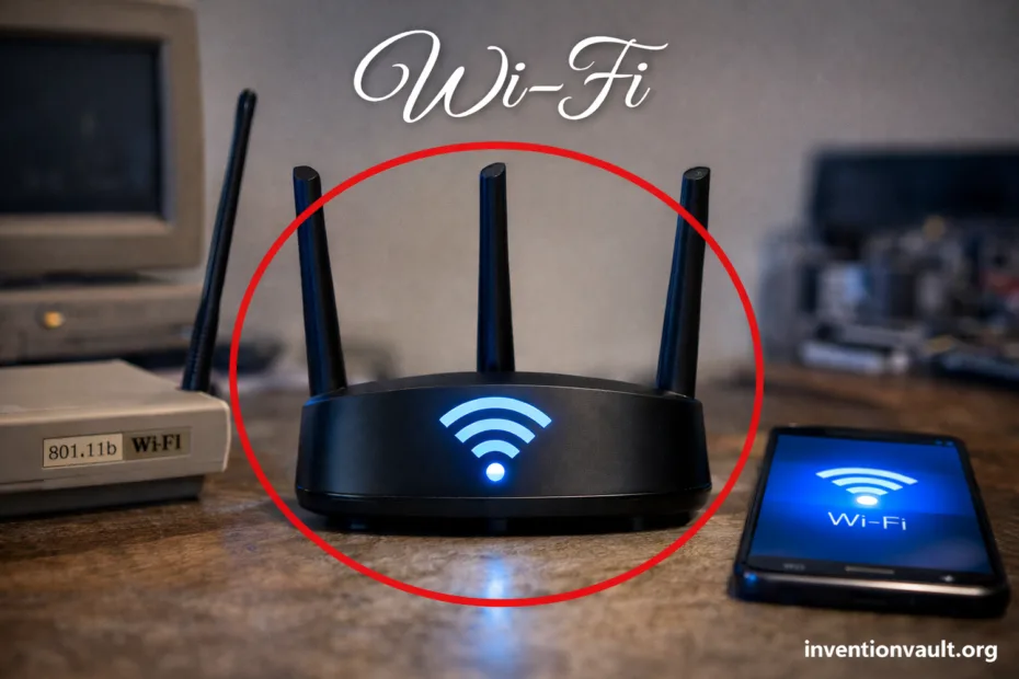 A black Wi-Fi router with three antennas displaying a glowing Wi-Fi signal, showing wireless inventi…