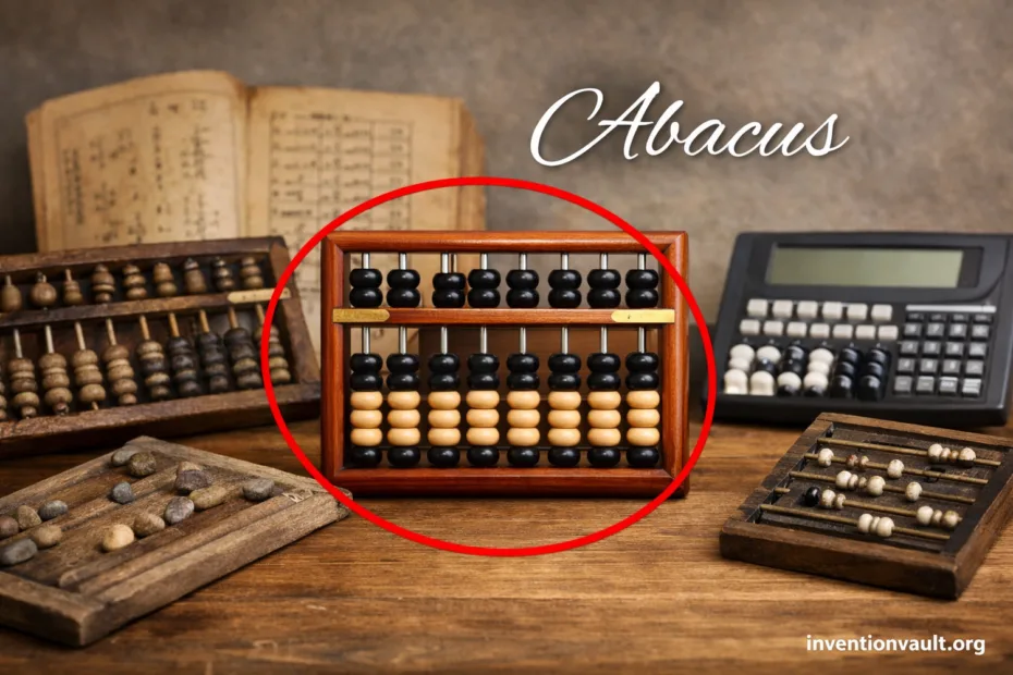 A wooden abacus with colorful beads demonstrating early invention of arithmetic techniques.