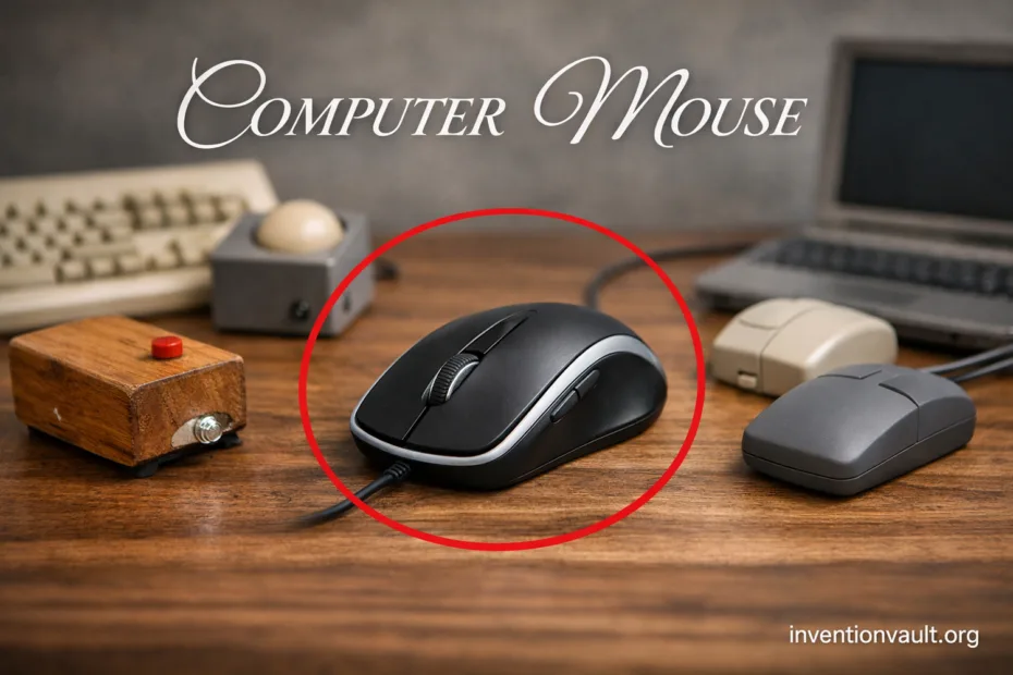 A computer mouse with a scroll wheel and two buttons, demonstrating an invention for point-and-click…