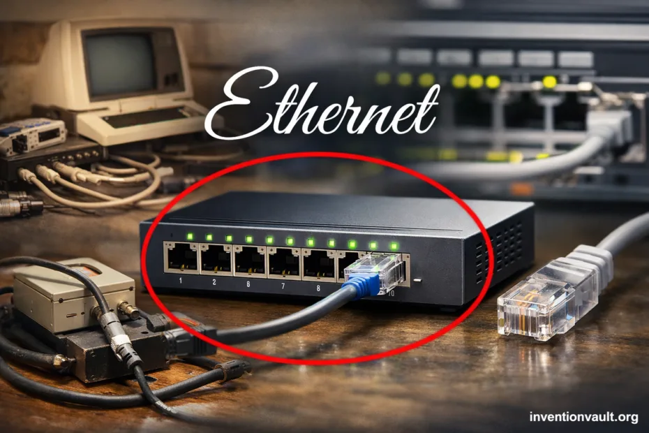 Ethernet invention with a wired networking device showing LAN ports and a connected cable.