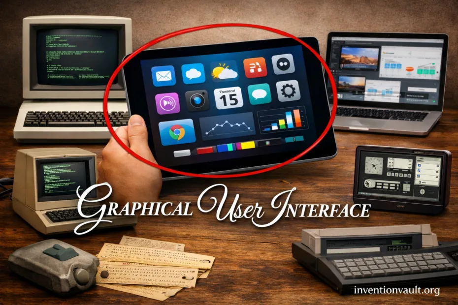 A touchscreen device with colorful icons illustrating the invention of graphical user interface.