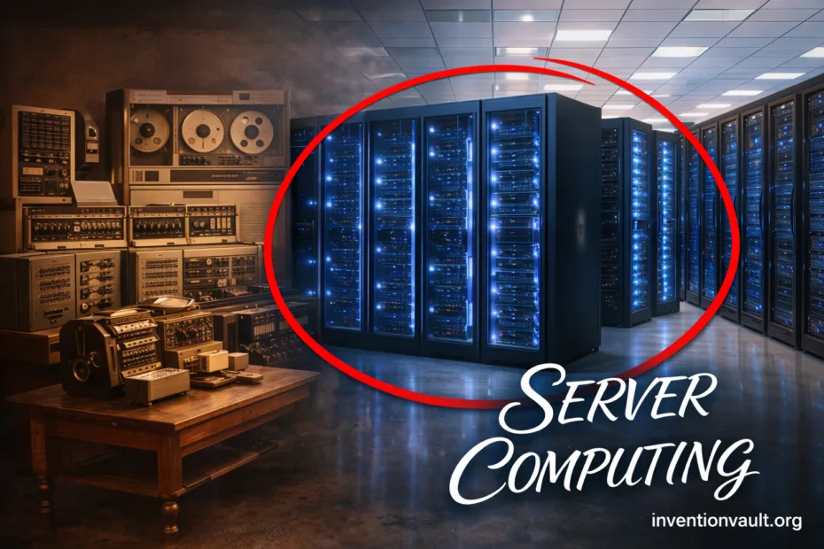 A server room illustrating the invention of cloud computing with blue server lights and hardware rac…