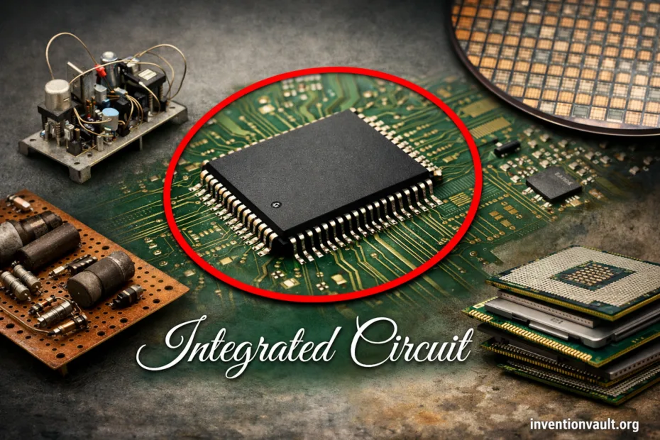 A black integrated circuit chip with many tiny transistors on a green circuit board showcasing inven…