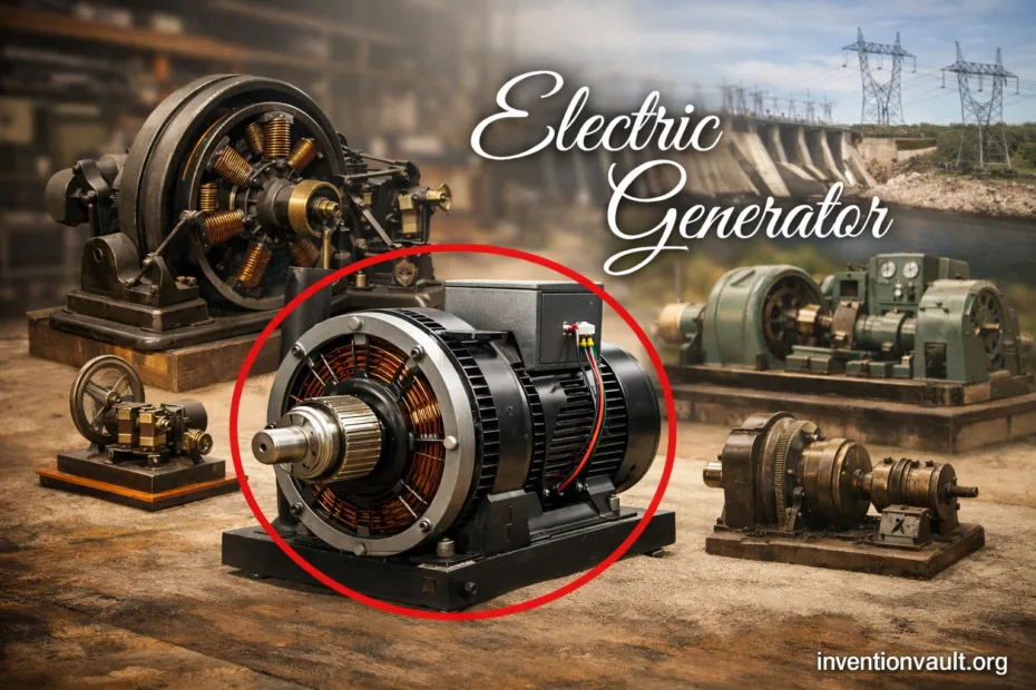 A vintage electric generator with gears and a red connecting wire, illustrating the invention of the…