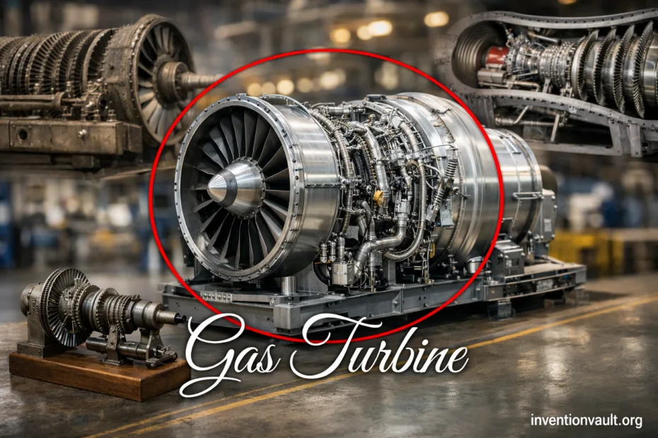 A detailed image of a gas turbine engine showcasing its blades and complex components linked to the…