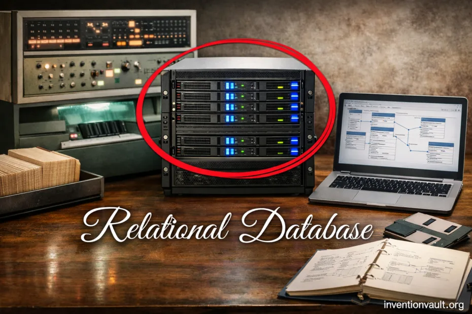 A relational database invention shown on a server with a laptop in the background.