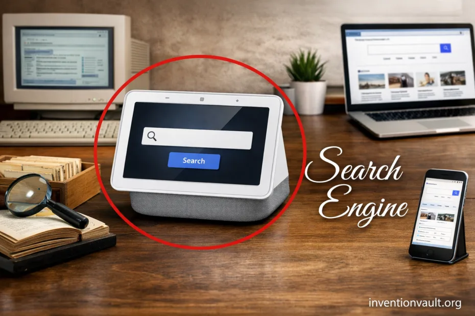 A search engine device with a small screen and a keyboard shows the invention of a search engine.