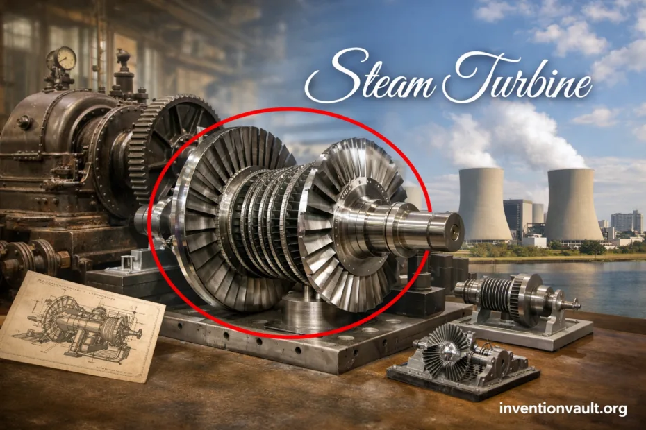 A steam turbine with rotating blades and gear mechanism illustrating the invention of the steam turb…