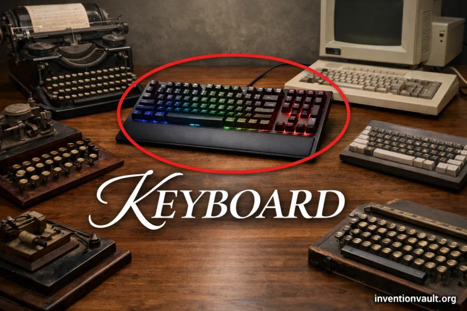 A colorful gaming keyboard showcasing the invention of fast text input through keyboard design.