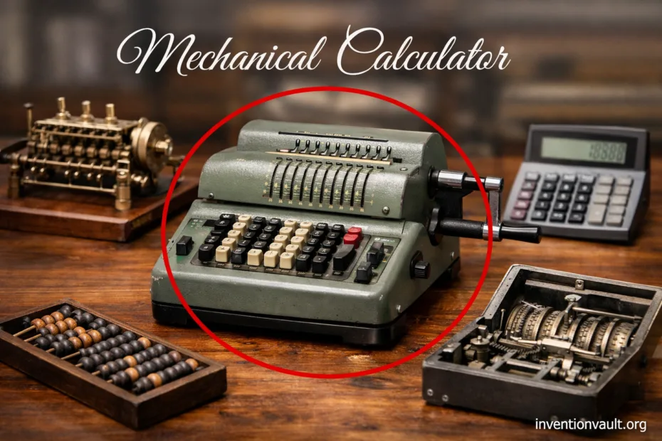 A mechanical calculator with gears and dials demonstrating invention of early math tools.