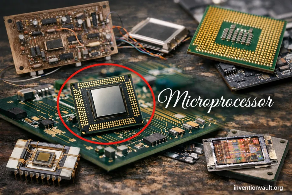 A microprocessor invention shown on a circuit board with a central chip and surrounding components.