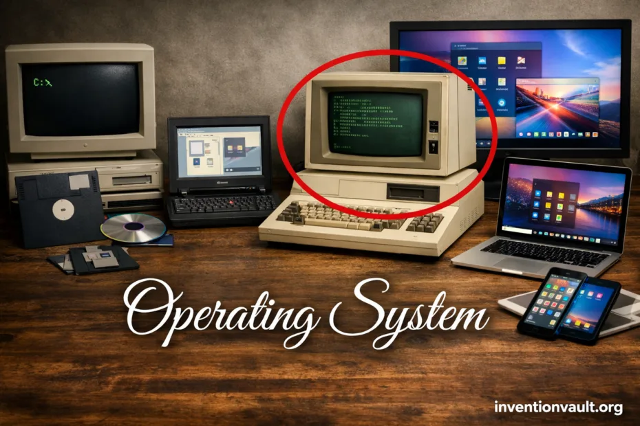 A vintage computer with a black monitor and green text showing an operating system invention.