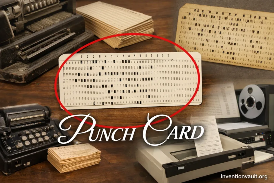 A punch card with holes representing program data, showcasing an invention used in early computing.