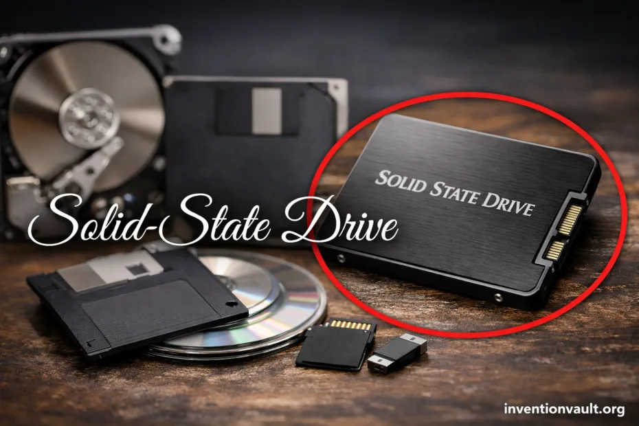 A solid state drive with a sleek black design showcasing its flash storage invention.