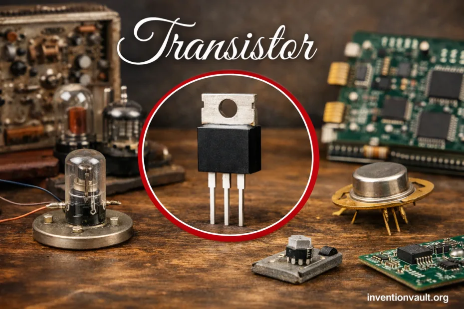 A small transistor with three metal legs, illustrating invention's role in technology's evolution.