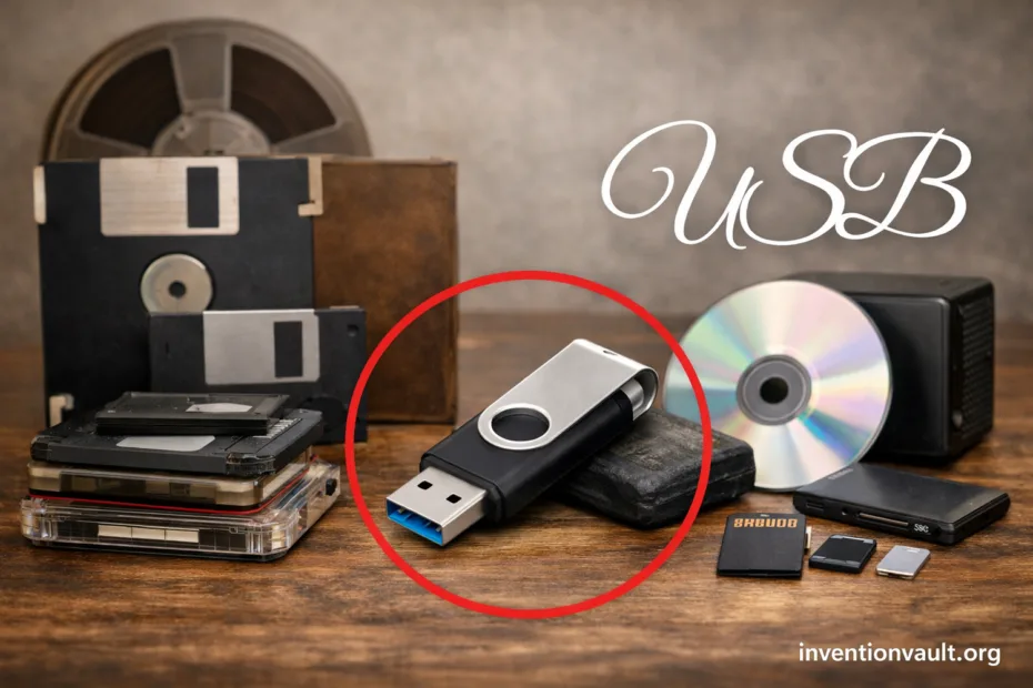A USB invention connects various devices like flash drives and a computer mouse.