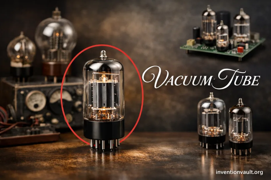 A vacuum tube used as an invention for early electronic switching with glowing internal elements.
