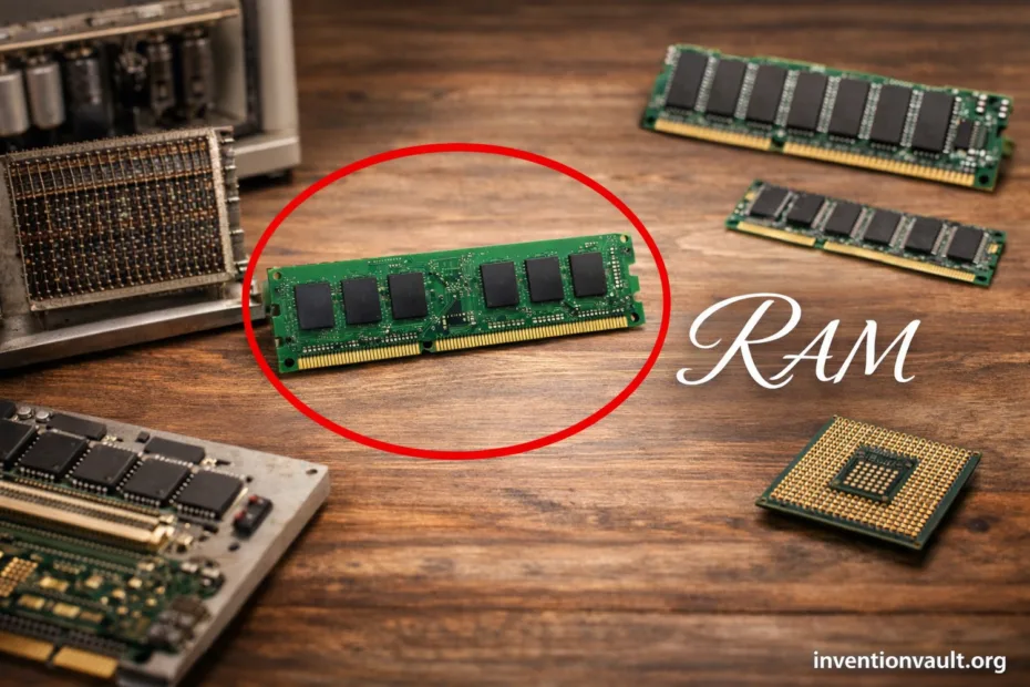 A stick of RAM memory module with green circuit board and black chips, showcasing invention in fast…