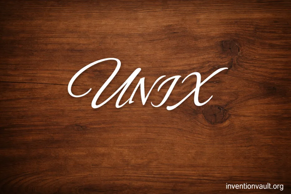 A wooden background with the word 'UNIX' in elegant white cursive, symbolizing invention.