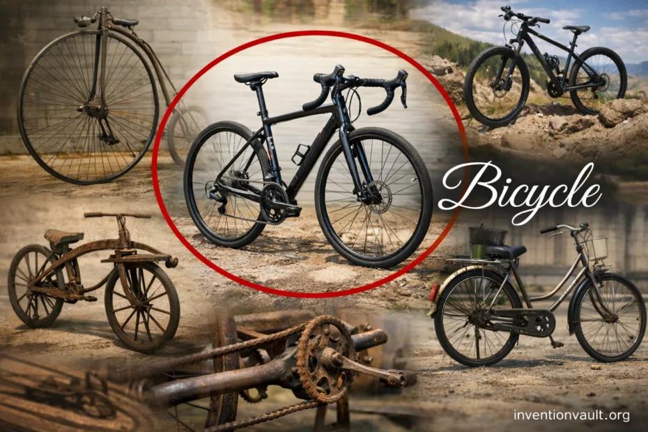 A bicycle surrounded by various bike inventions with a focus on simple human-powered transport.