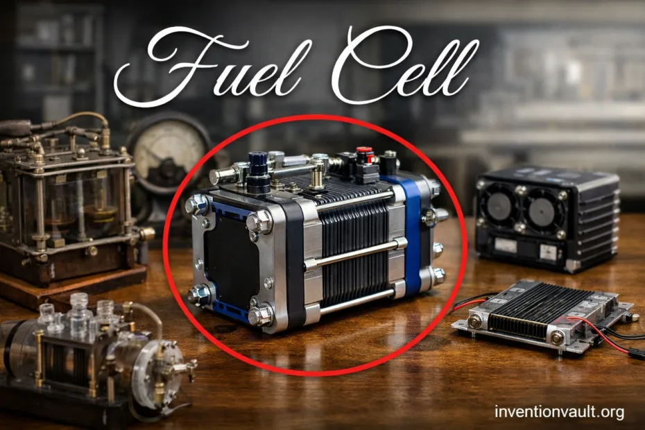 A fuel cell invention powers a small portable device with a visible blue component and wires.