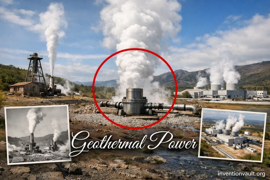 A geothermal power plant with steam rising from the Earth's heat in a factory setting