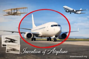 A small airplane flies into the sky, showcasing the invention of the airplane with a white aircraft.