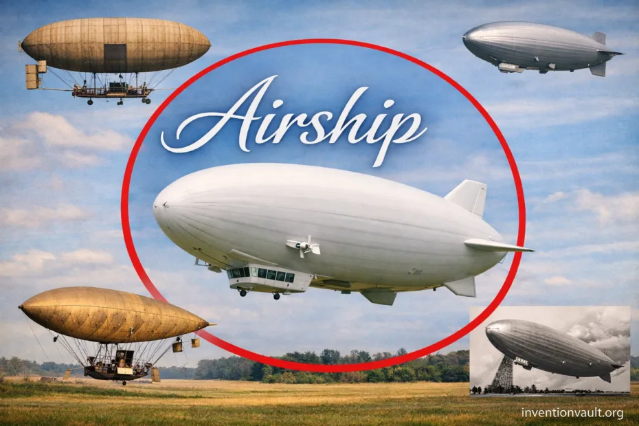 An airship floats in the sky, showcasing the invention of lighter-than-air flight.
