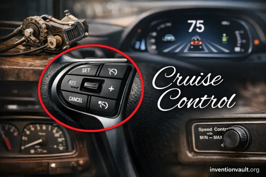A car dashboard showing the cruise control buttons used in the invention of cruise control system.