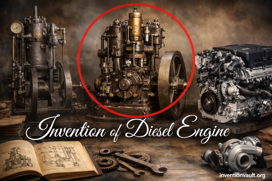 Rudolf Diesel's invention of the diesel engine is shown with a vintage engine model and tools.