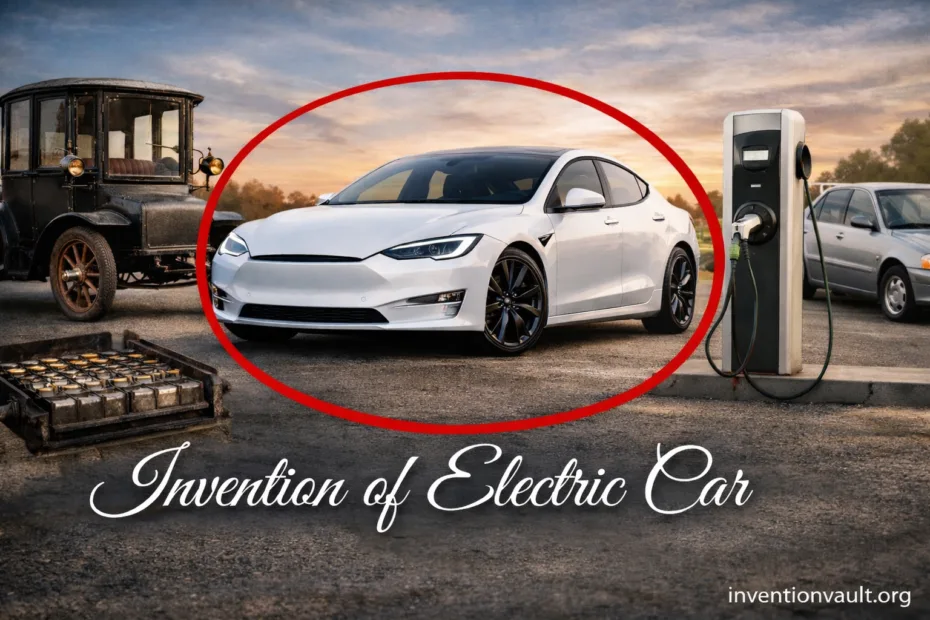 A silver electric car in a city street park, showcasing the invention of the electric car.