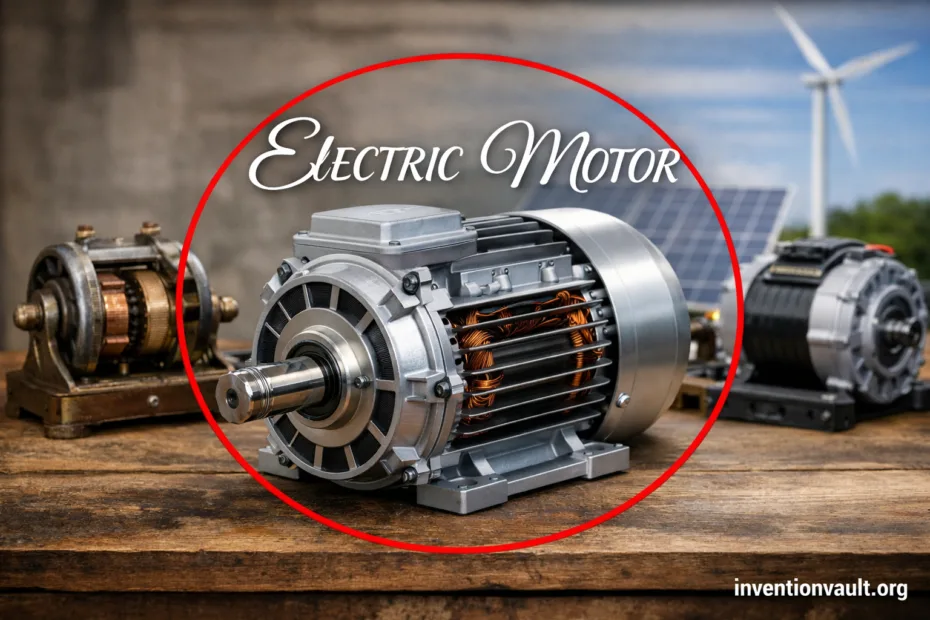 An invention of an electric motor with visible metal components and wiring.