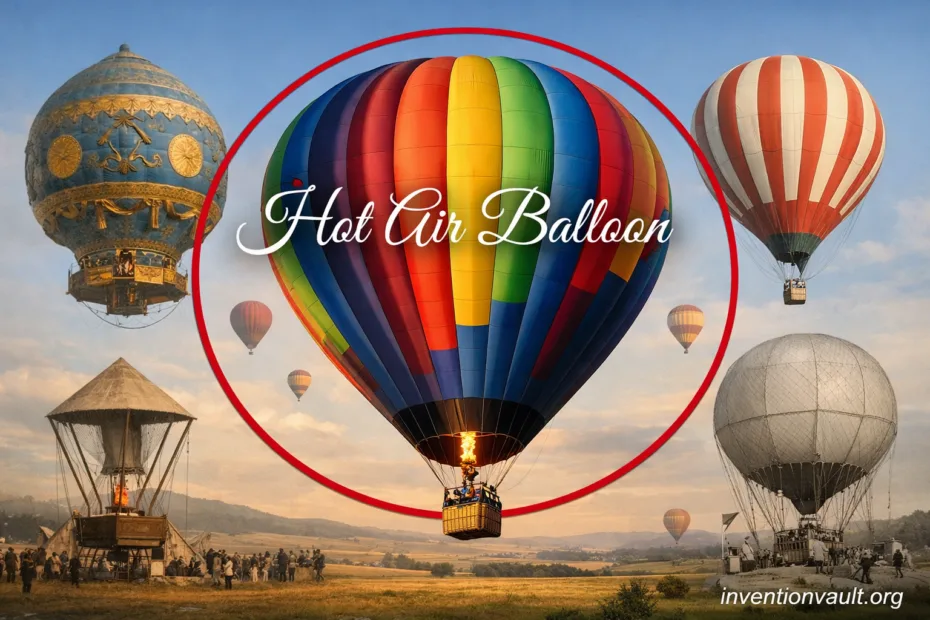 A colorful hot air balloon used for invention of hot air balloon, lifting by heated air.