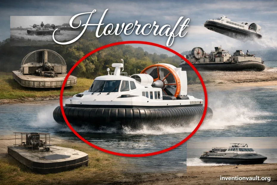 A hovercraft glides over water on an air cushion, showcasing the invention of hovercraft.