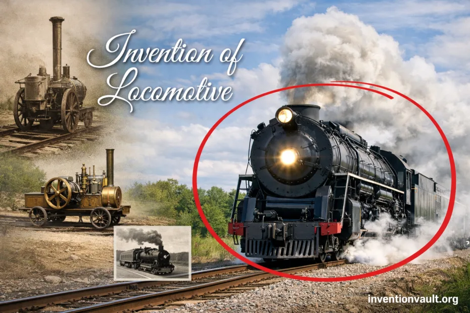 A vintage locomotive train emits steam as it travels along the tracks, showcasing an invention of locomotive.